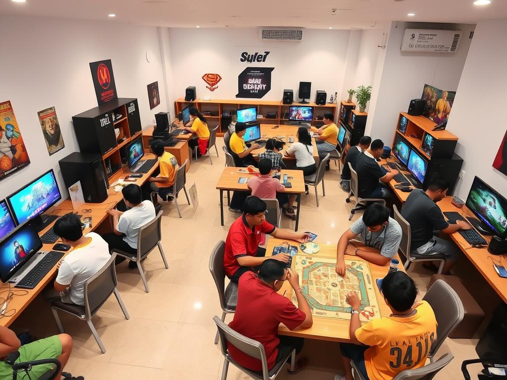 A modern game house in Indonesia with people playing various types of games A modern game house in Indonesia with people playing various types of games