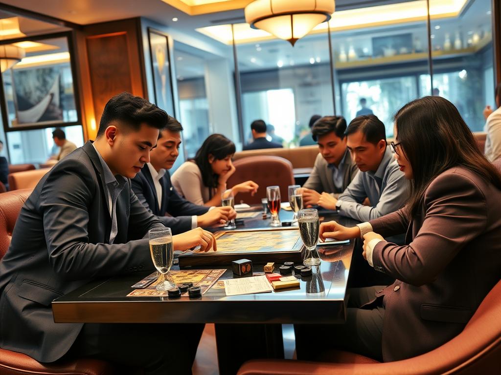 Adults playing strategic board games at a premium game house Indonesia Adults playing strategic board games at a premium game house Indonesia