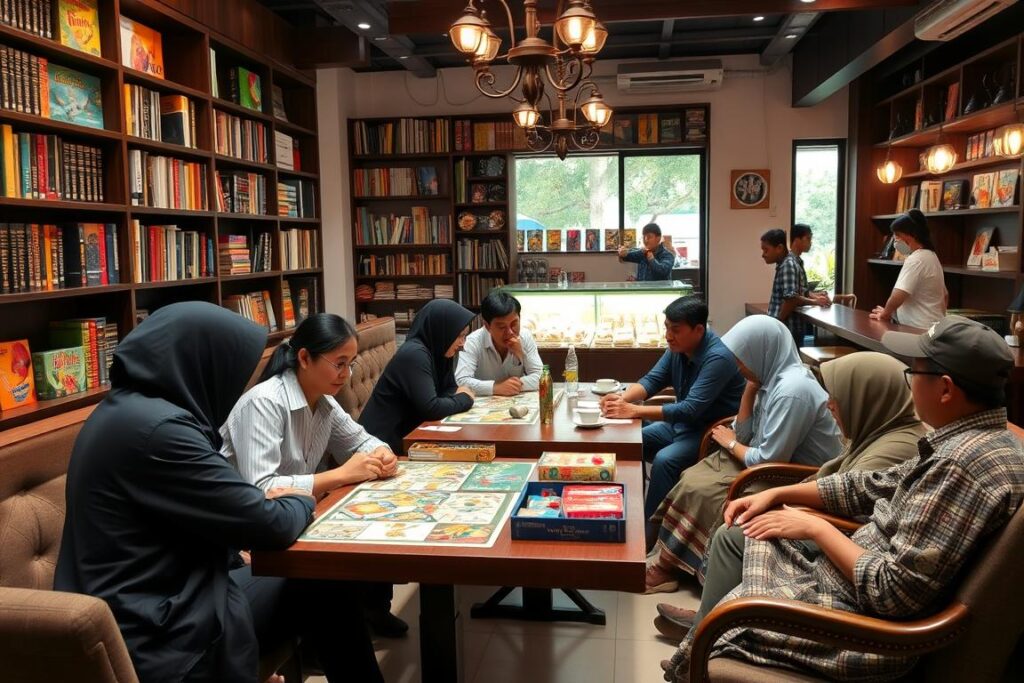 Café-game house hybrid in Indonesia with people playing games while enjoying food Café-game house hybrid in Indonesia with people playing games while enjoying food