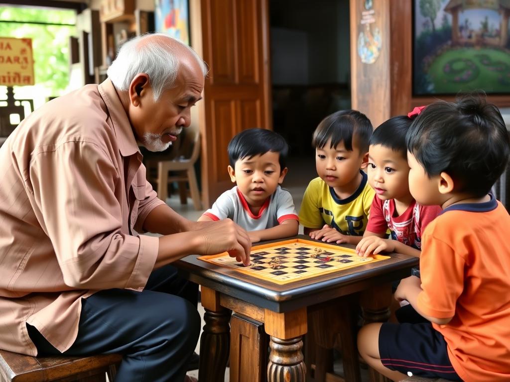 Elderly person teaching traditional game to young children in a game house Indonesia Elderly person teaching traditional game to young children in a game house Indonesia