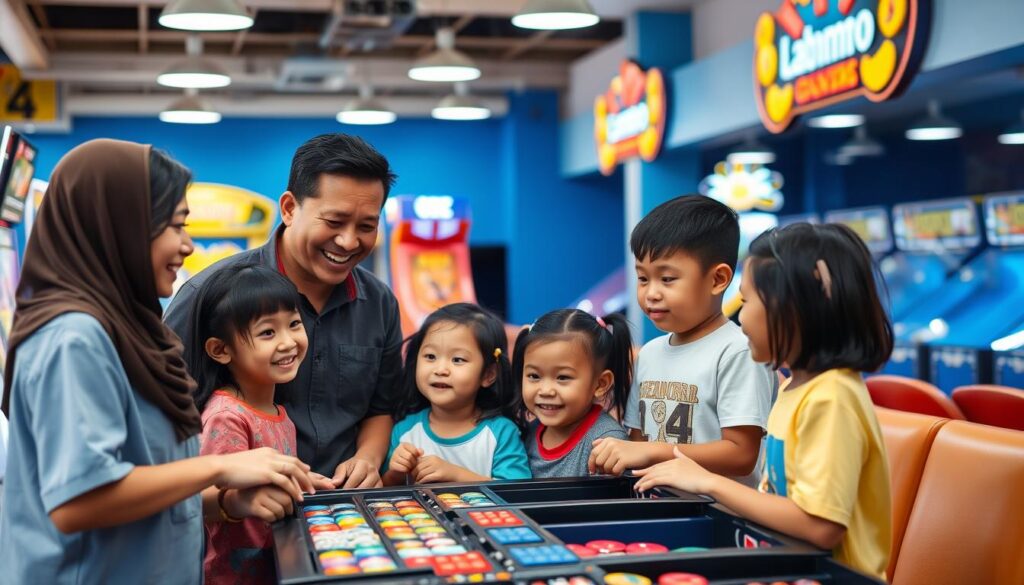 Family selecting games at a game house in Indonesia Family selecting games at a game house in Indonesia