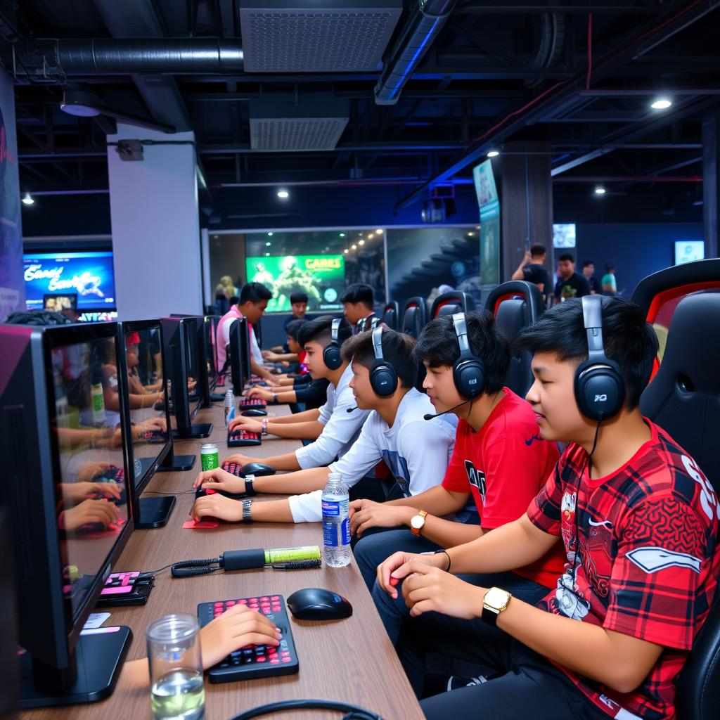 Teenagers playing competitive games at a game house in Indonesia Teenagers playing competitive games at a game house in Indonesia